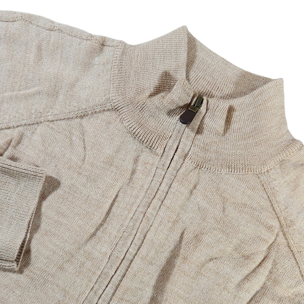 Orvis 1/4 Zip Pullover Sweater Men's L Merino Wool Cable Knit Accents Beige Tan